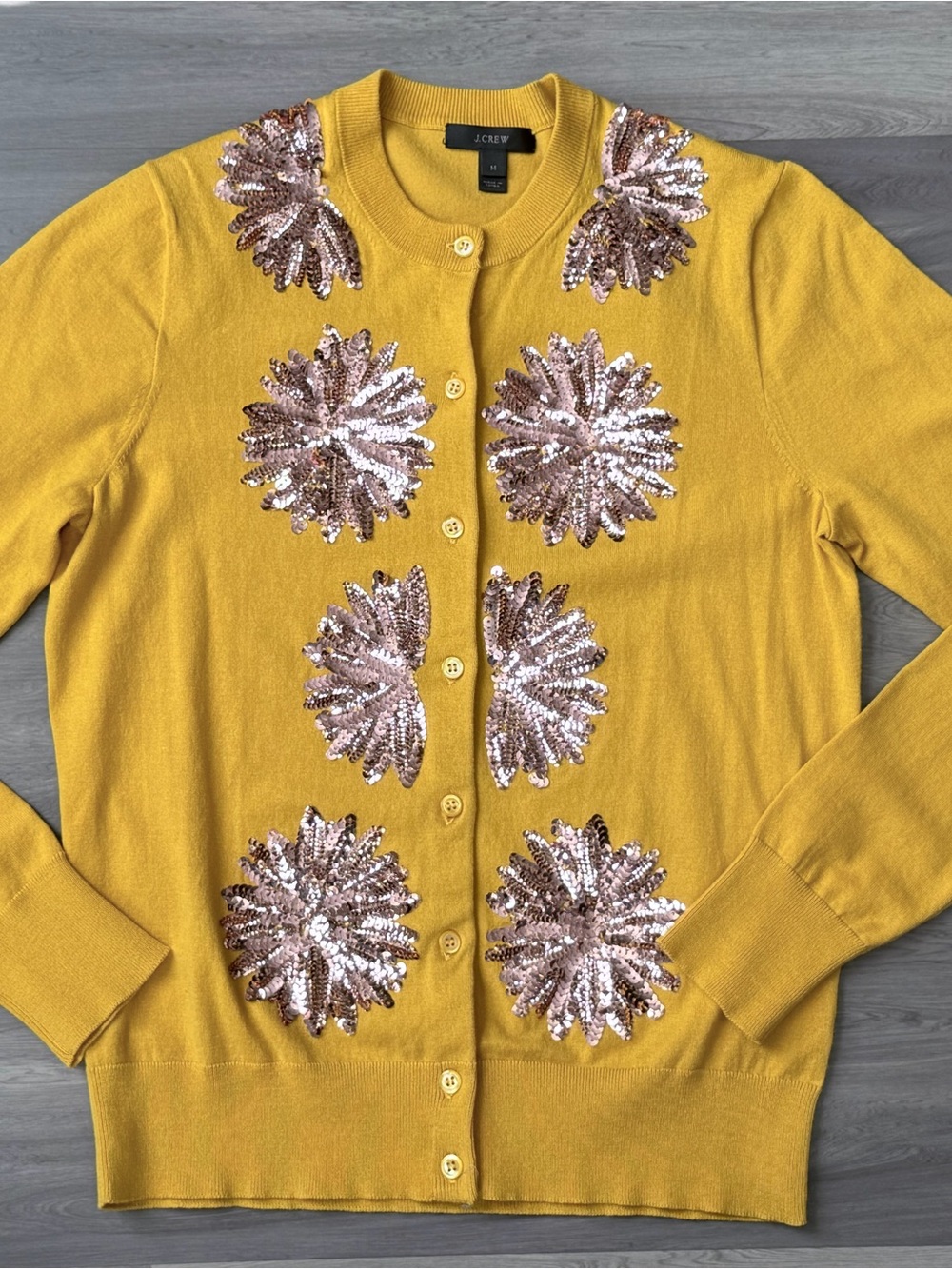 Women’s J. Crew Jackie Pink Sequins Yellow button up Cardigan Sweater Medium